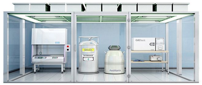 CELL BANK SYSTEM 보관실 그림 — 클린벤치·액체질소 탱크·셀뱅크 장비가 놓인 유리 클린룸