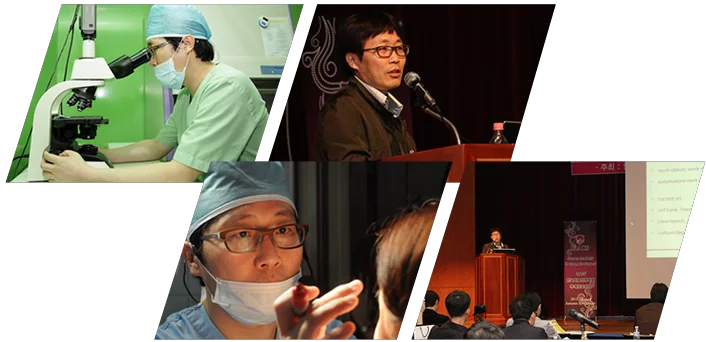 현미경을 보는 원장, 학회 강연·발표 장면, 상담 중인 원장 사진 4장(사선 콜라주)